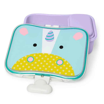 Unicorn lunch kit with clear window, teal trim, lavender handle and lid
