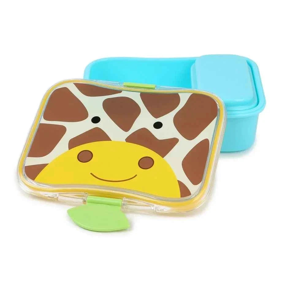Kids lunch box with clear front, yellow smile face print, and matching green latch