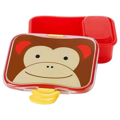 Red animal-themed lunch kit with clear lid and monkey face graphic, snap closure
