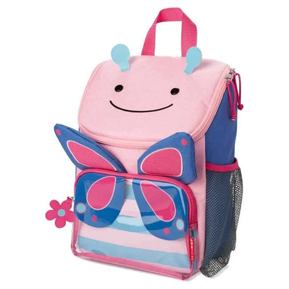 Kids butterfly backpack, pink face with blue details and mesh side pocket