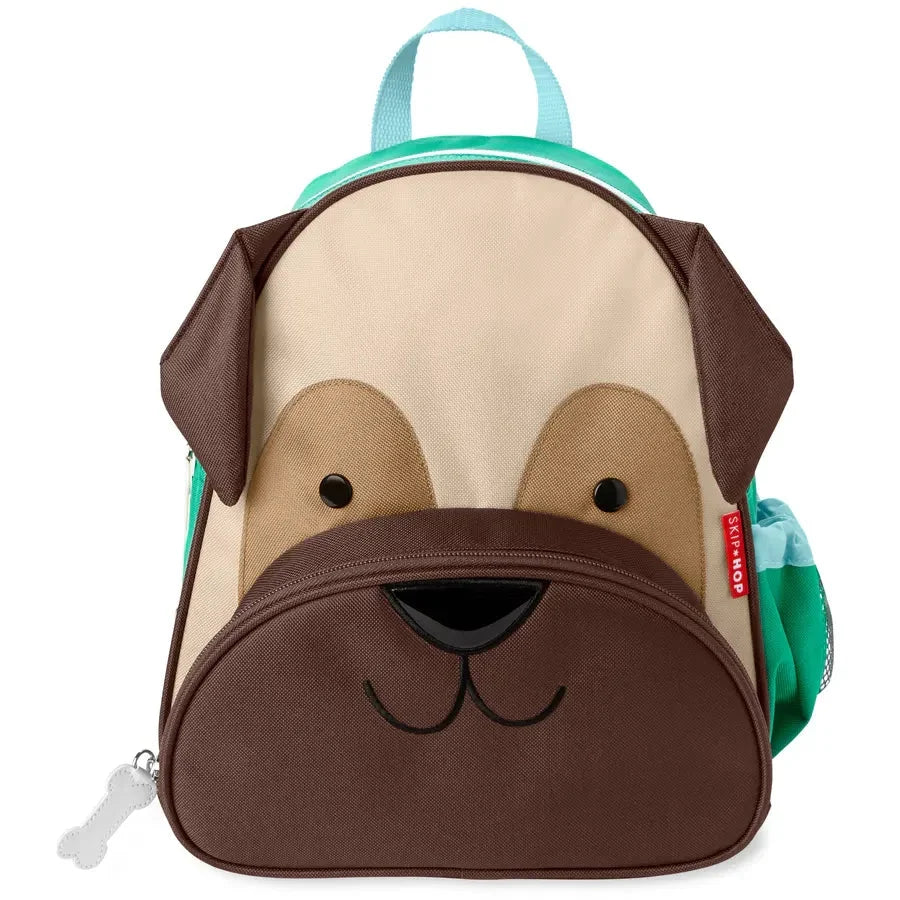 Pug animal face kids backpack with brown front, beige muzzle and top handle