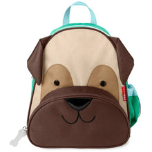Pug animal face kids backpack with brown front, beige muzzle and top handle