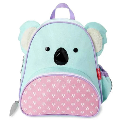 Kids koala backpack with light blue front panel and pink floral pocket