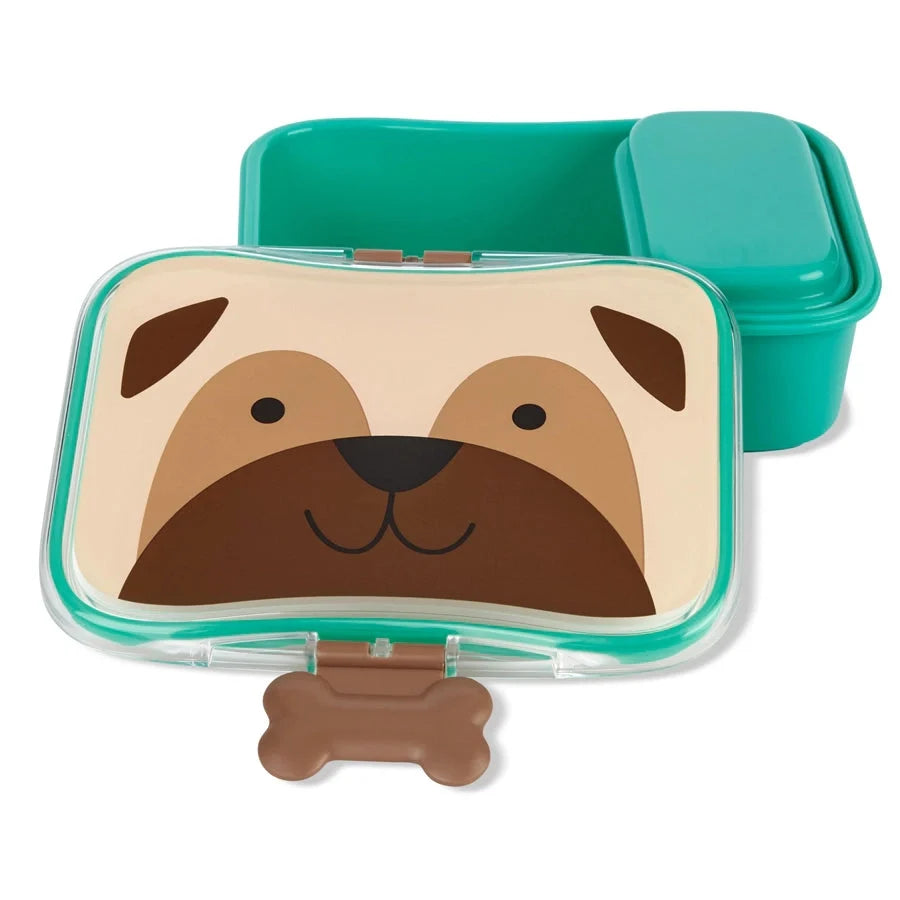 Pug face lunch kit with teal container and hinged lid