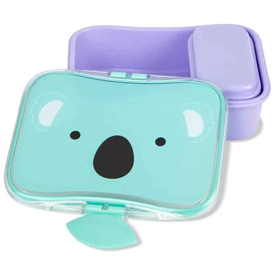 Kids koala face transparent lunch container with purple lid, teal base
