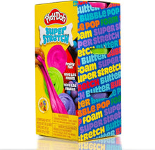 Play-Doh Super Stretch foam 3-pack retail box with pink, green, purple tubes