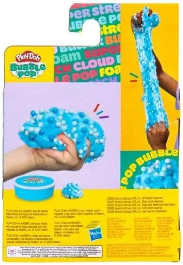 Bubble Pop toy kit box showing blue bubble dough in hands, yellow packaging