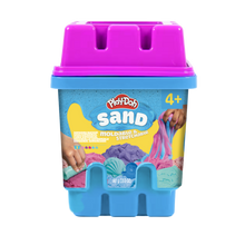 Play-Doh Sand castle sensory bucket with purple lid, blue bucket, sand molds