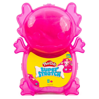 Pink translucent axolotl-shaped Play-Doh Super Stretch container with yellow front label