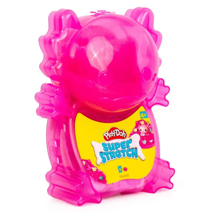 Pink translucent axolotl-shaped Play-Doh Super Stretch container, front label visible