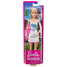 Tennis player doll in blue striped top, white skirt with pink trim, holding racket