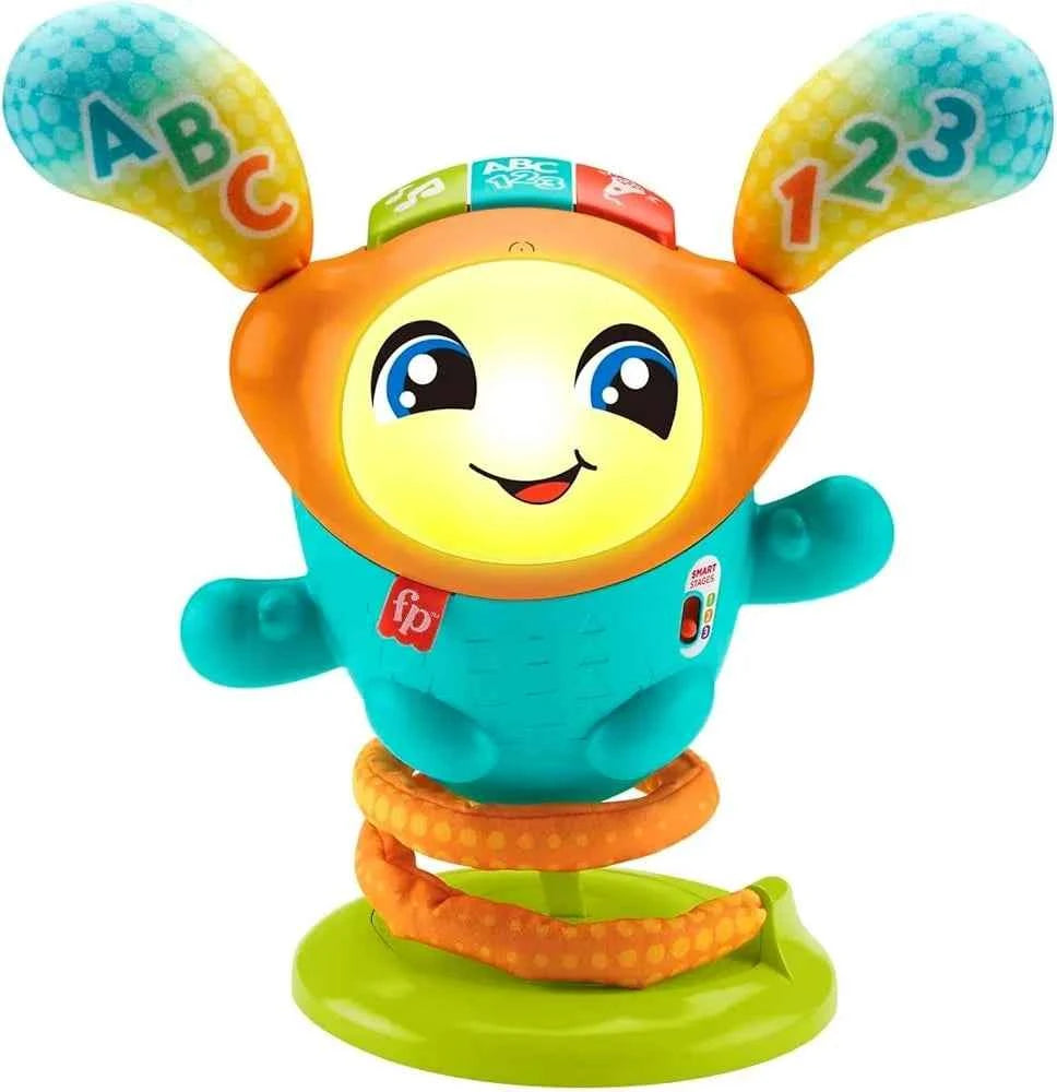 Interactive DJ learning toy with ABC number ears and smiling orange-and-teal body
