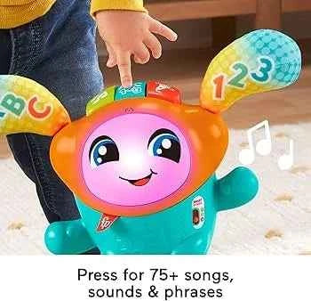 Interactive DJ toy with glowing purple face, ABC ears and number 1 2 3 accents