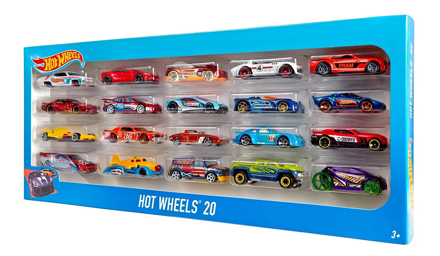 Hot Wheels 20 toy car assortment set in open display box with multiple colorful cars