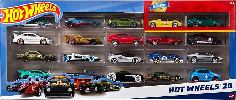 Hot Wheels 20 toy car assortment set showing rows of assorted die-cast cars in box
