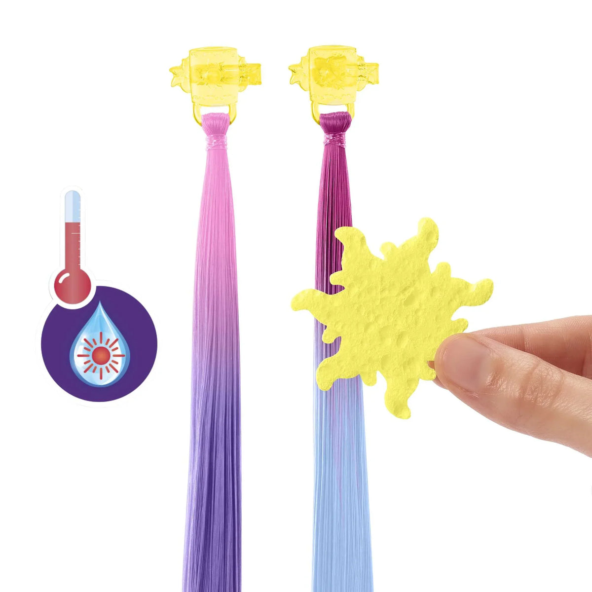 Color-change hair extension strands: purple to light blue, with yellow color-change piece