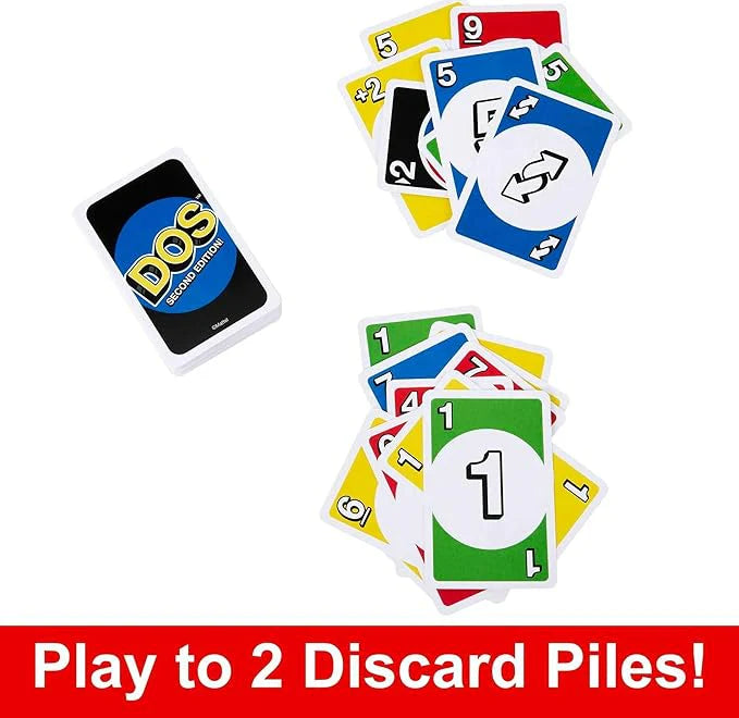 DOS Second Edition card deck fanned out with play-to-2 discard-pile text