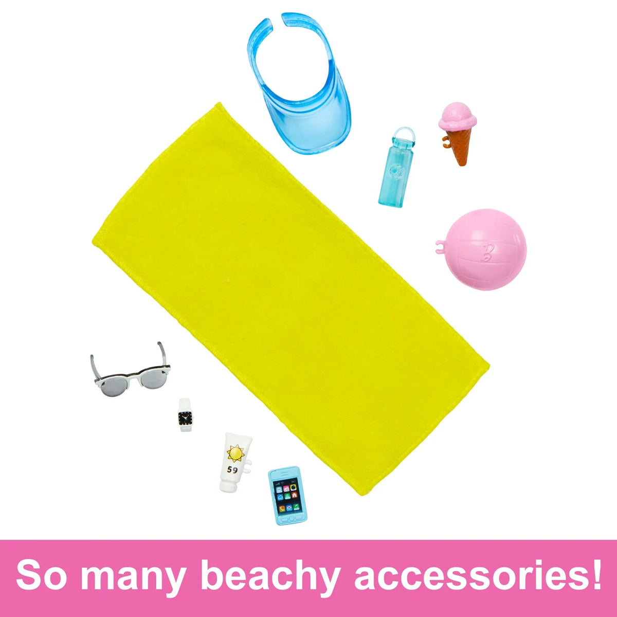 Fashion doll beach accessories: yellow towel, blue sandals, sunglasses, phone and ice cream