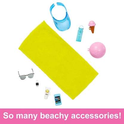 Fashion doll beach accessories: yellow towel, blue sandals, sunglasses, phone and ice cream