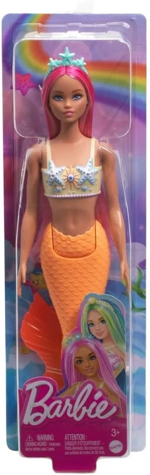Barbie mermaid doll in plastic box with rainbow background and Barbie logo