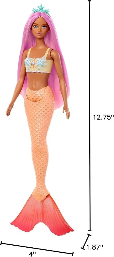 Barbie mermaid doll full body, purple hair, star crown, peach top, orange tail