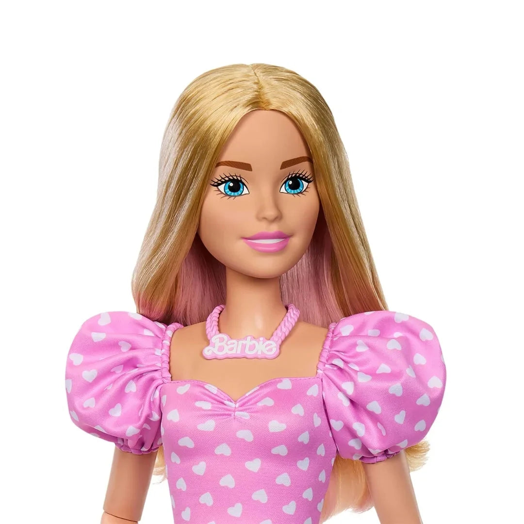 Blonde fashion doll in pink heart puff-sleeve dress with Barbie choker necklace