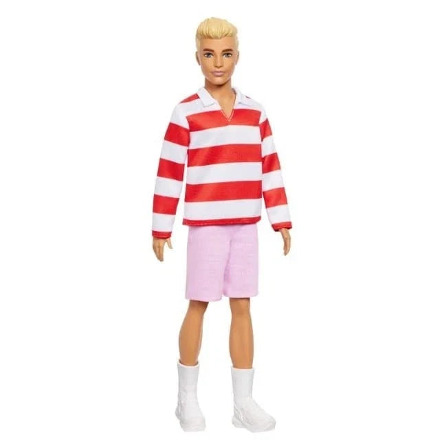Doll in red-and-white striped polo shirt, pink shorts, white socks and boots