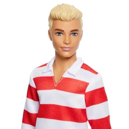 Red-and-white striped polo shirt with white collar and button placket