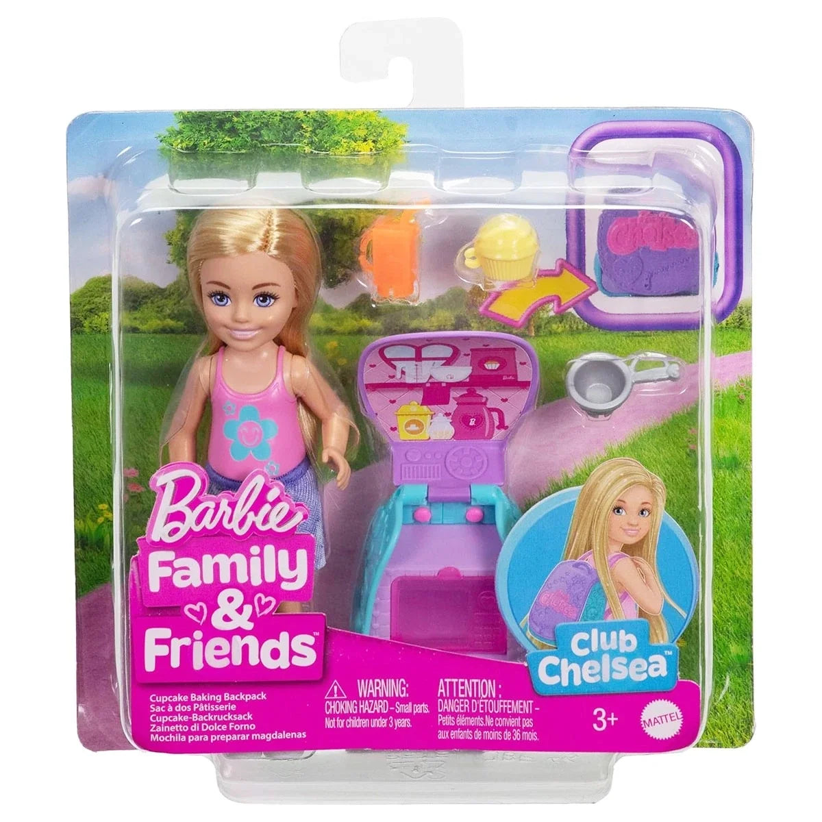 Boxed Barbie Family & Friends backpack playset with doll and purple-blue oven play area