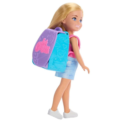 Chelsea doll wearing purple-and-blue backpack with oven playset front design