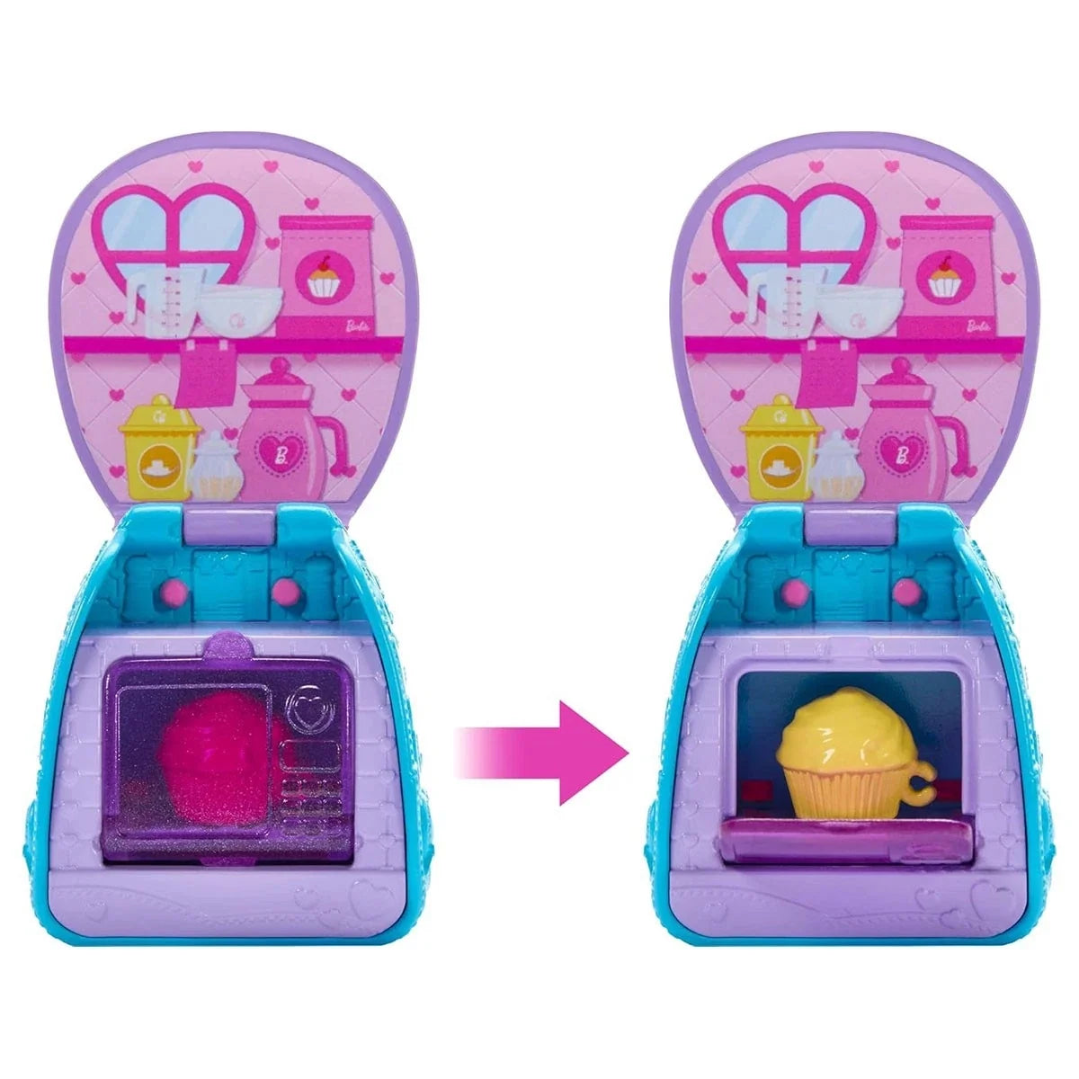 Opened purple-and-blue backpack playset oven with pink and yellow accessories