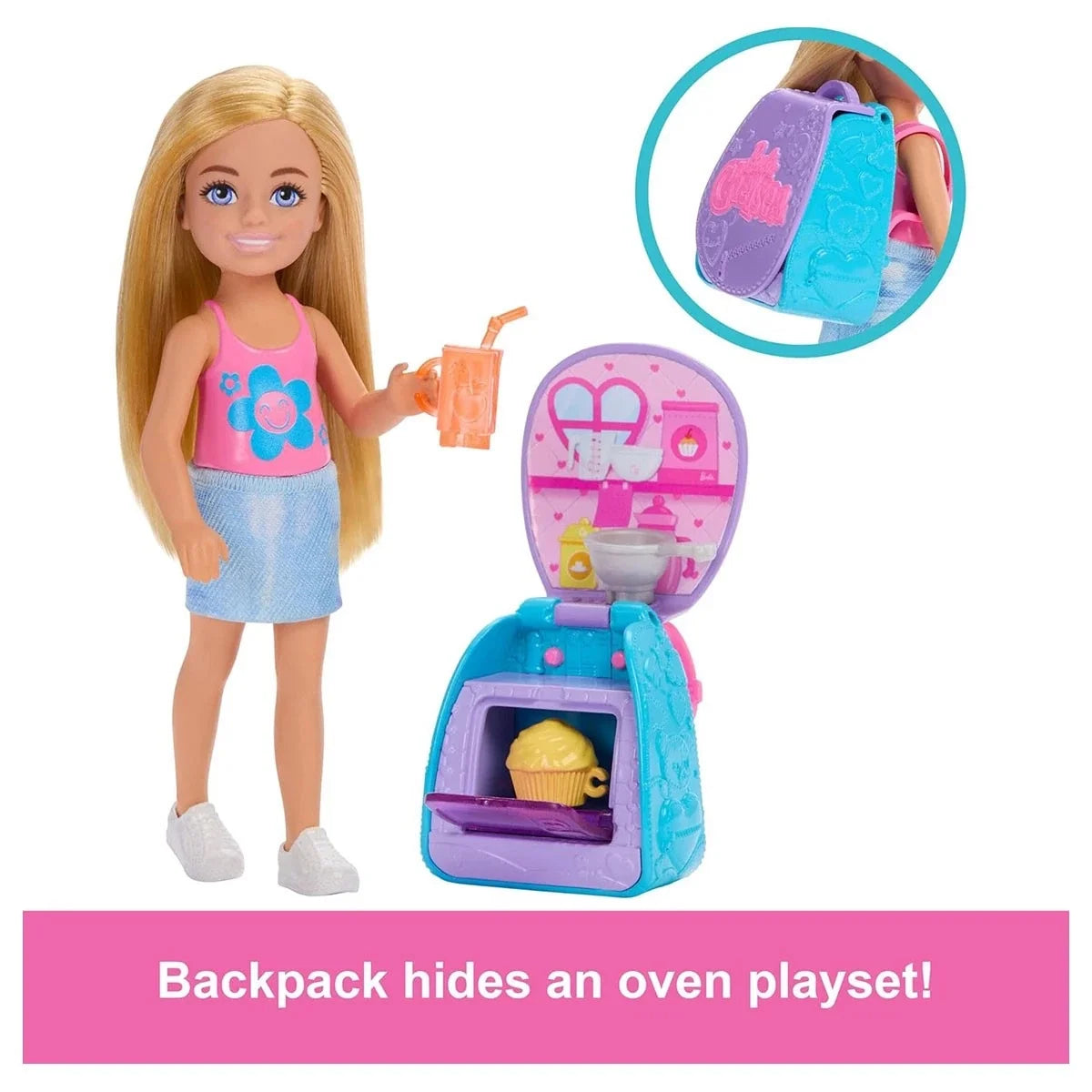 Barbie Chelsea backpack playset with doll, purple and blue oven accessory, pink counter