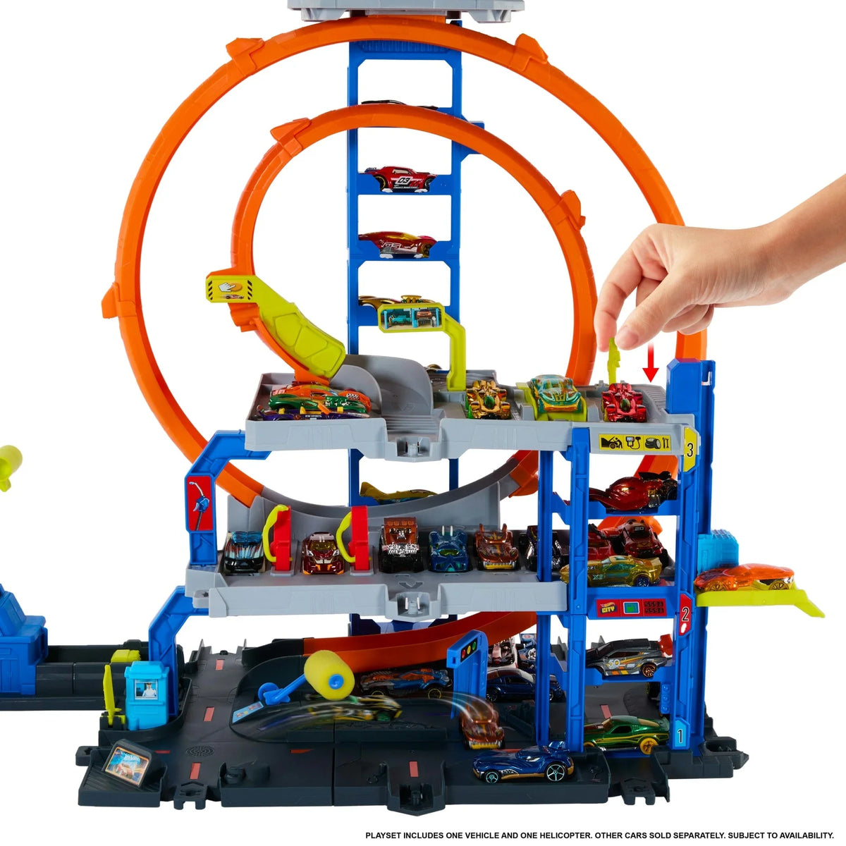Mega Loop Garage vehicle playset with looping track, multiple cars, and rotating tower