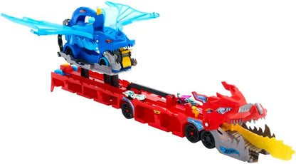 Ultimate Dragon Hauler side view: blue dragon top, red trailer, yellow jaw details