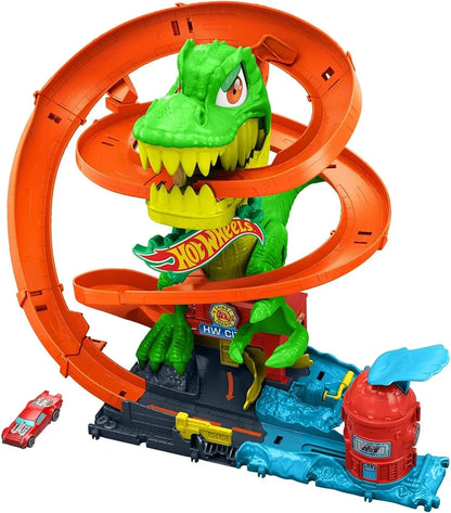 Green T-rex Hot Wheels track set with orange spiral track and vehicle launch section
