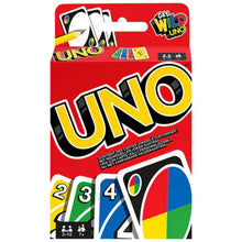 UNO card game deck and box with colorful card faces, red packaging