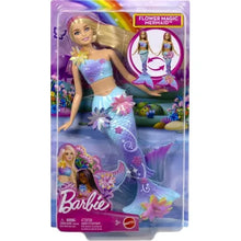 Flower Magic mermaid toy doll with pink and blue floral skirt, in box