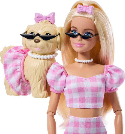 Twinning Looks Doll with Pet Dog in Matching Pink Gingham Clothes and Accessories for Both Like Sunglasses