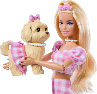 Twinning Looks Doll with Pet Dog in Matching Pink Gingham Clothes and Accessories for Both Like Sunglasses