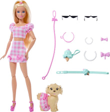 Doll and pet dog set, pink gingham outfits, sunglasses, bows