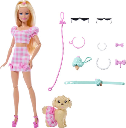 Twinning Looks Doll with Pet Dog in Matching Pink Gingham Clothes and Accessories for Both Like Sunglasses
