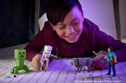 Green blocky action figure with cube head, pixel face, and raised arm