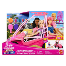 Pink Beach Detectives buggy with three fashion dolls in open cab