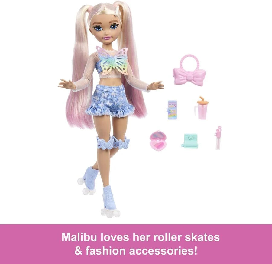 Barbie Malibu roller skate fashion doll in denim skirt and bow top, with skates