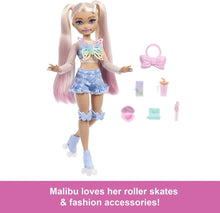 Barbie Malibu roller skate fashion doll in denim skirt and bow top, with skates
