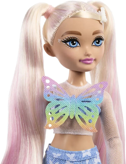 Barbie Malibu close-up fashion doll with long blonde hair, denim skirt and bow top