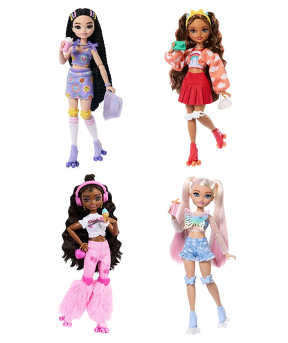 Four roller skate fashion dolls with colorful outfits and accessories, posed together