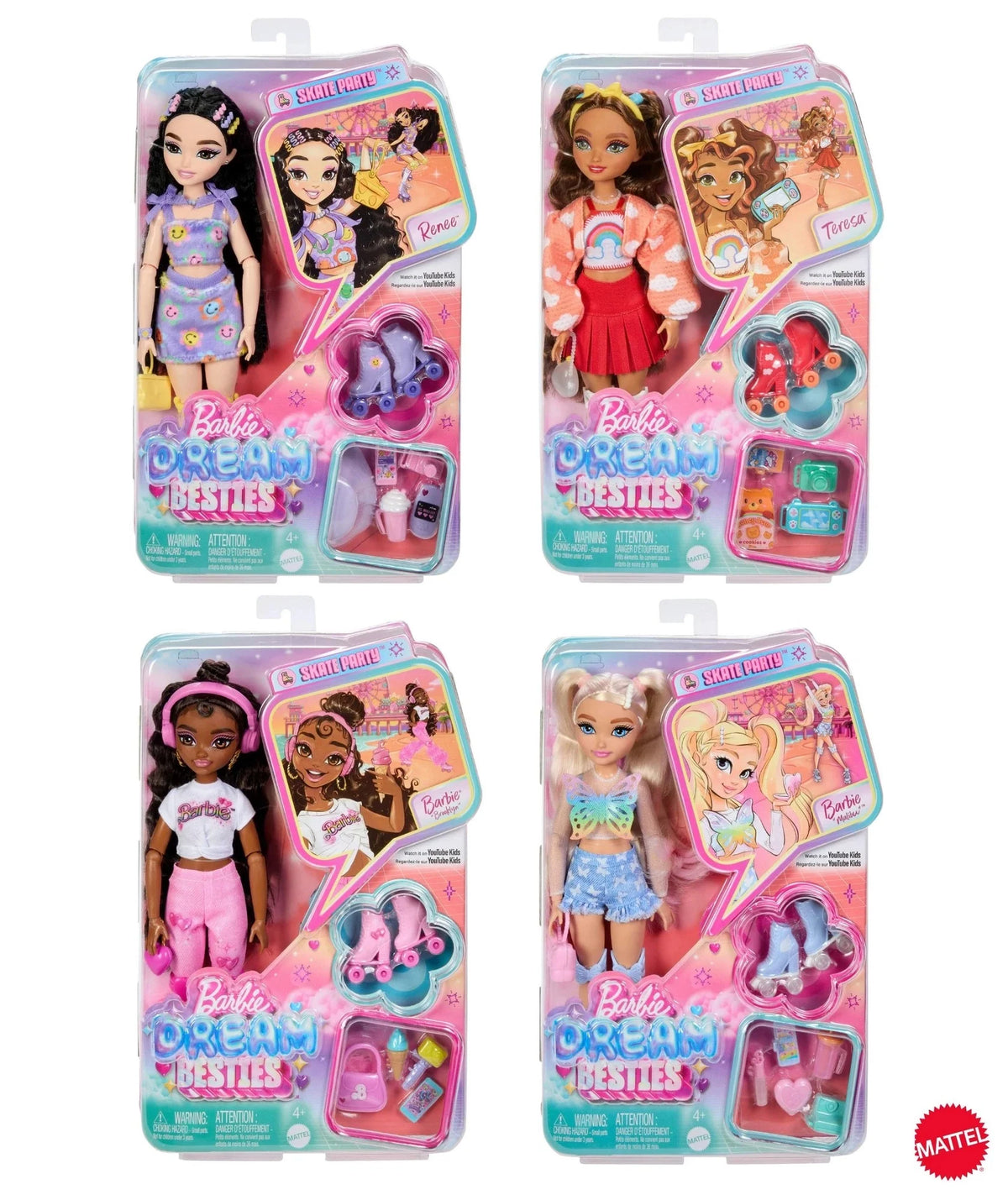 Dream Besties roller skate fashion doll set in blister packaging, four boxed designs