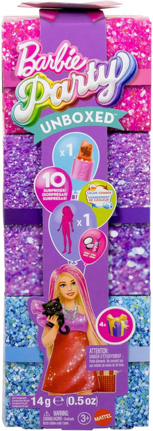 Glam doll in purple glitter box with Barbie Party logo and accessory icons