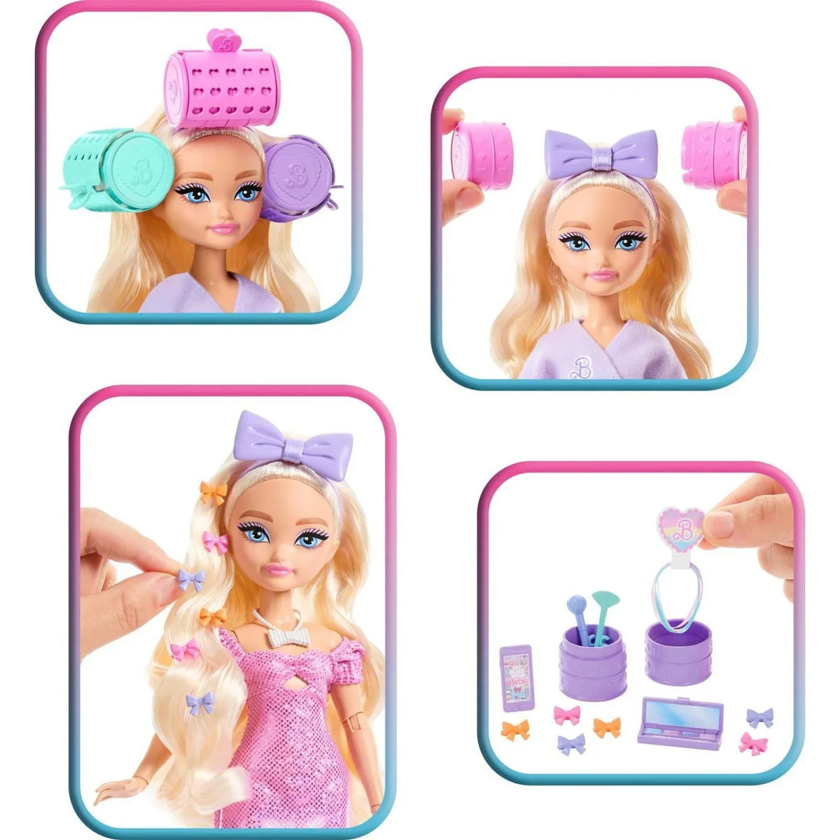 Barbie Malibu doll with pastel hair rollers, bow, and grooming accessories